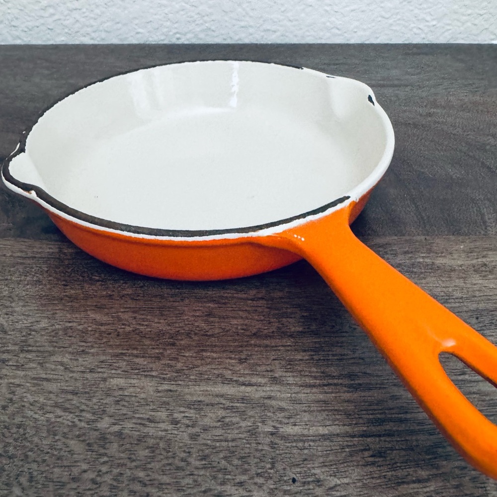Vintage LeCreuset Flame Orange Enamel Cast Iron Cookware Skillet Pan